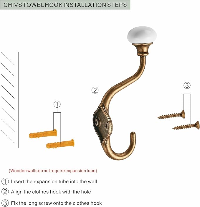 CHIVS Coat Hooks- 5 Pack Antique Brass Wall Hooks, Ceramic Coat Hooks, Decorative Wall Mounted Towel Hanger, zinc Double Prong Hook for Hanging Clothes, Keys, Hats, Backpacks