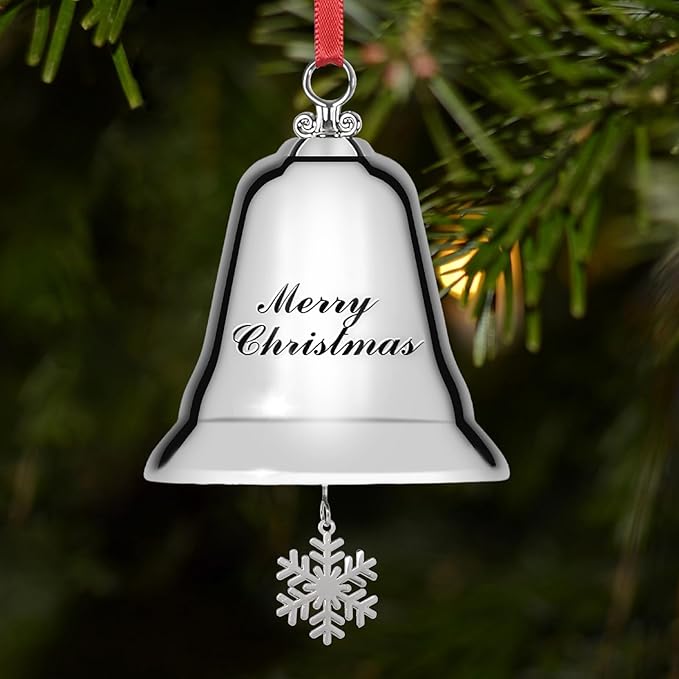 Styleonme Decorative Bells, Christmas Ornaments 2025, Engraved It's Merry Christmas, Silvery Bells Decoration with Pendants Snowflakes