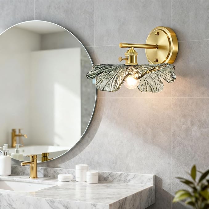Modern Bathroom Vanity Light Vintage Wall Sconce Hand Blown 1-Light Wall lamp Indoor Wall Light with Dark Green Glass Shade Gold Vanity Light Over Mirror for Bedroom Hallway Living Room
