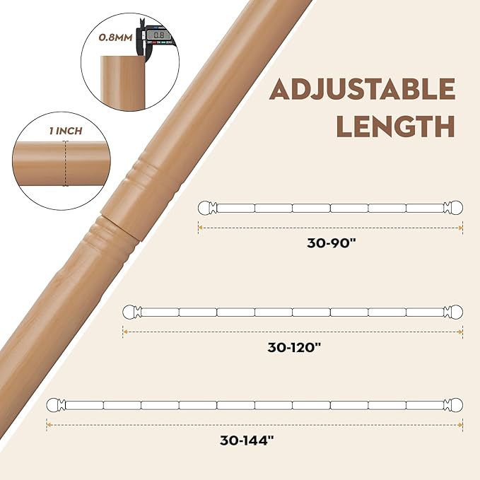 Wood Curtain Rods for Windows 72 to 144, 1 inch Telescopic Adjustable Heavy Duty Long Curtain Rod with Adjustable Brackets, Easy Install & Modern Finials, Fits Various Room Styles, Wood color