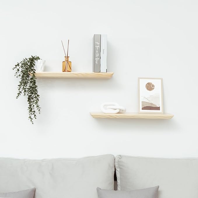 Solid Pine Wood Floating Shelves - Set of 2 (Natural Color) - 24x6.7x1.2 inch - For Bathroom, Bedroom, Living Room Walls