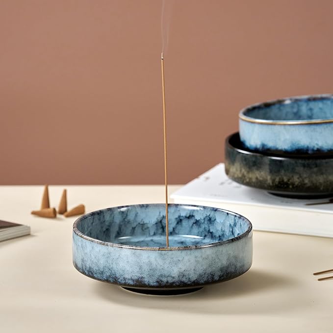 5.9" Ceramic Incense Holder with 10 Holes,5in1 Incense Tray for Sticks,Coil,Cone,Sage,Palo Santo,Handcrafted Burner Ash Catcher Smudge Bowl for Yoga Meditation Energy Cleansing Room Décor,Blue