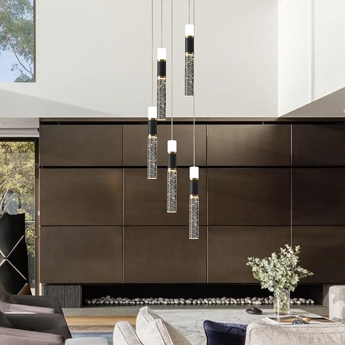 Pendant Light Fixtures, 5-Light Pendant Lights Kitchen Island,Modern Led Pendant Light Kitchen Island Lighting Dimmable with Remote,3000K-6500K Black and Gold Modern Chandelier for Dining Room