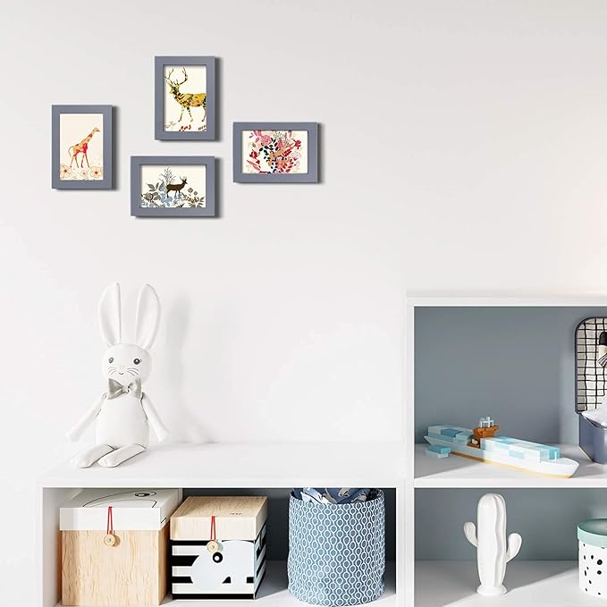 Egofine 4x6 Picture Frames Set of 4, Made of Solid Wood Covered by Plexiglass 3x4.5 and 3.5x5 with Mat or 4x6 without Mat, for Table Top Display and Wall Mounting Photo Frame, Dark Grey