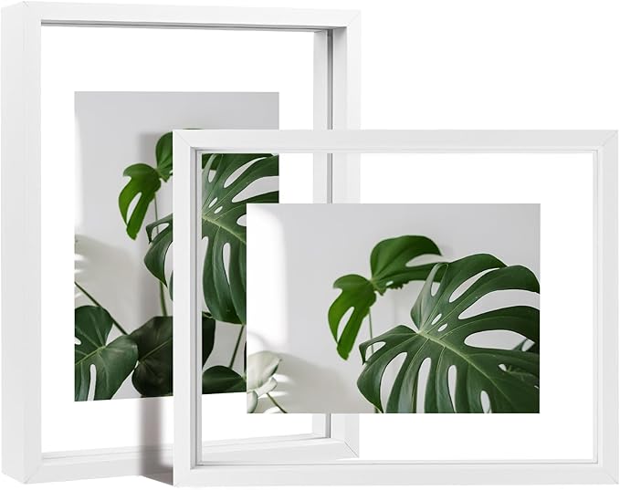 Egofine 8x10 Floating Frames Set of 2, Double Plexiglass Picture Frame, Made of Solid Wood Display Any Size Photo up to 8x10, Wall Mount or Tabletop Standing, White