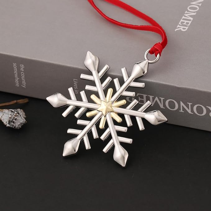 Snowflake Christmas Ornament Set - Silver & Gold Plated Metal Snowflake Ornaments for Christmas Tree - Annual Holiday Keepsake (Style B)