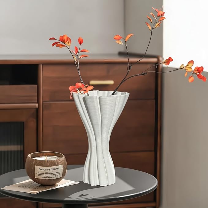 Minimalist White Ceramic Vase, Irregular Organic Shape Decorative Flower Vase for Home Decor, Wabi-Sabi Modern Accent for Living Room Table Shelf