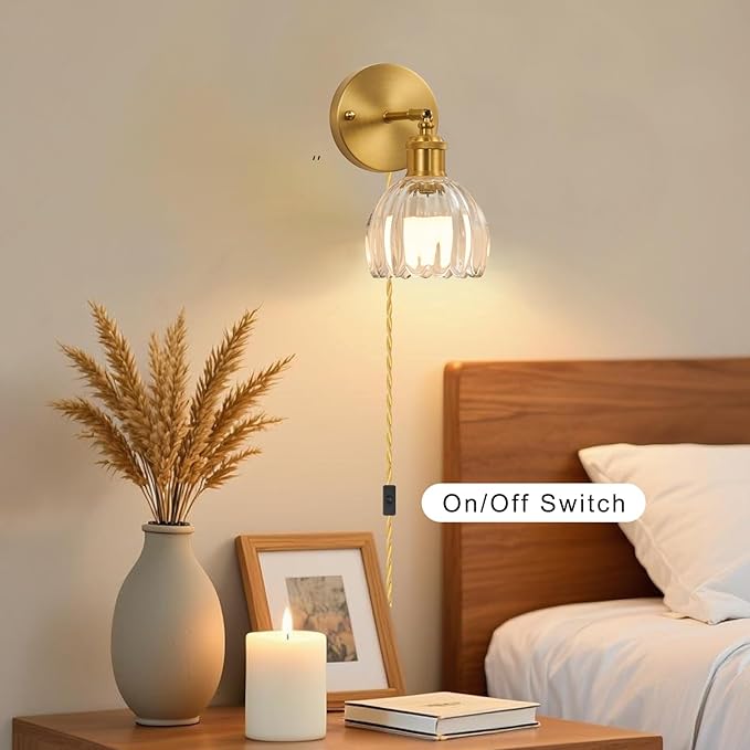 Plug in Wall Sconces Set of 2, Vintage Wall Lamp with Plug in Cord Clear Tulip Shade Decor Indoor, Gold Wall Light for Bedroom Bedside Kids Living Room Bathroom