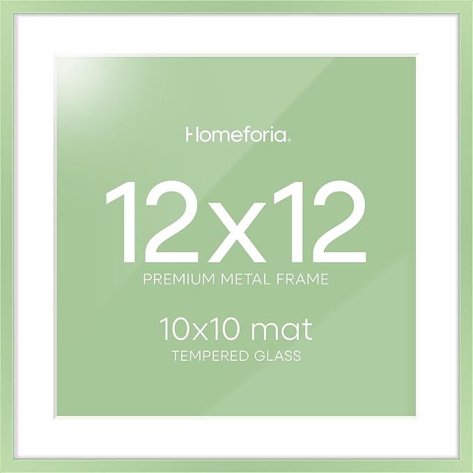 Homeforia 12x12 Picture Frame Sage Green, High End Metal 12 x 12 Square Poster Frame with Mat 10 x 10 Photo, 12x12 Frame Matted to 10x10 Print, 12by12 Hanging Frame, Tempered Glass, Wall Kit, Set of 1
