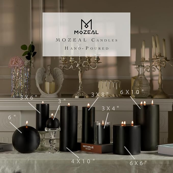 MOZEAL 4" x 10" Extra-Large Black Pillar Candles (Set of 2), Unscented,Dripless, Smokeless,Long Clean-Burning,These Tall 10 inch Large Black Pillar Candles Perfect for Halloween and Fall Decor