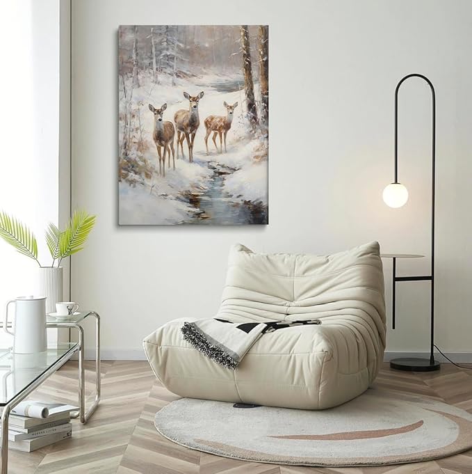 Christmas Tree Deer Decor,Snowy Forest Wall Art,Deer Painting,Deer in Snow Poster,Christmas Wall Art,Rustic Vintage Christmas Decor,Nature Wall Art,Winter Seasonal Decor24x36inch Framed Art