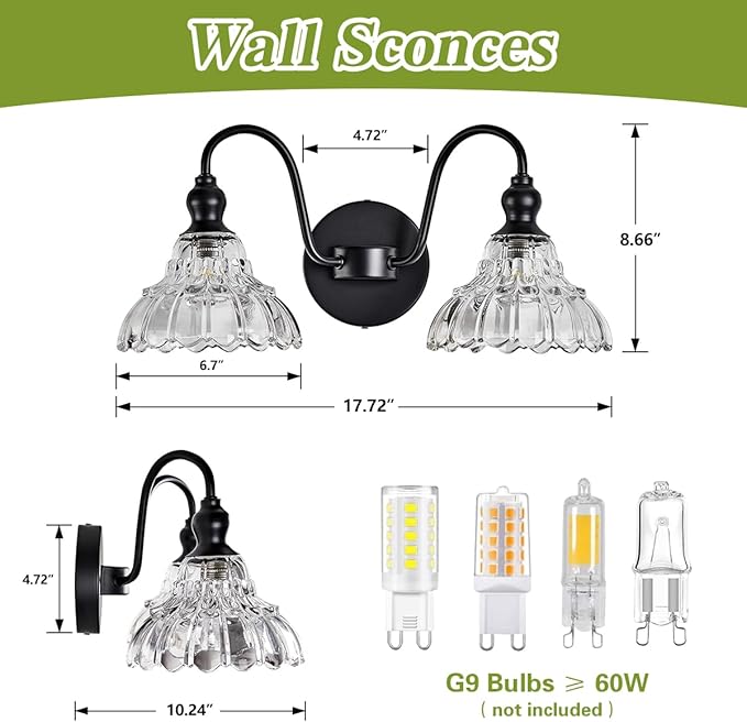 2-Light Modern Wall Sconce Black Wall Light Fixtures Made of Metal Body and Pressed Patterned Glass with Unique Design Vanity Light for Bedroom, Bathroom, Doorway, Farmhouse