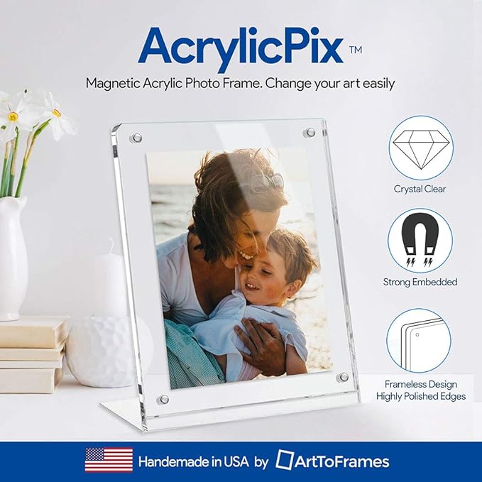 ArtToFrames 8.5x14 Acrylic Floating Picture Frame - Table Stand with Chrome Magnetic Front Cover to Easily Change Photos - Made in The USA