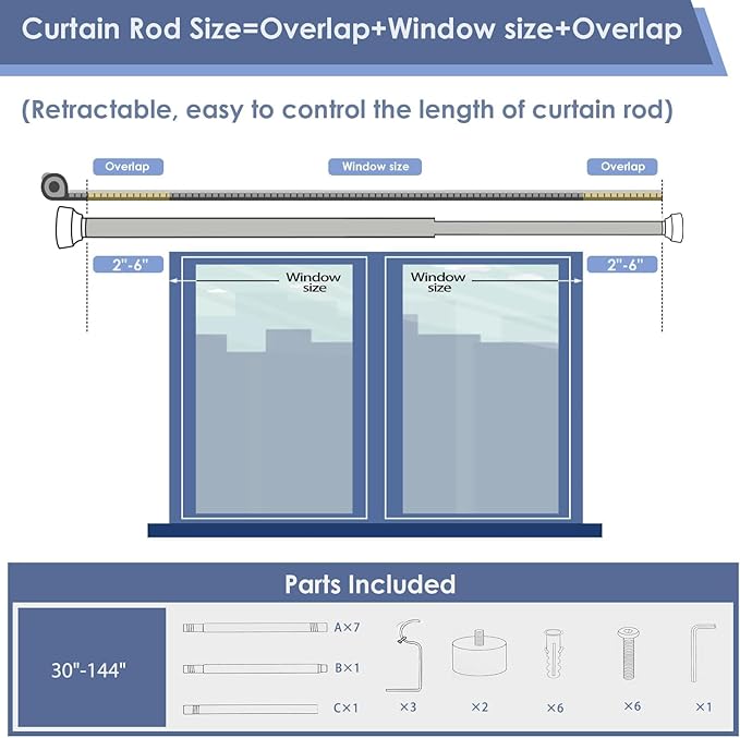 Rustic Curtain Rod, Industrial Curtain Rods for Windows 72 to 144 Inches, Blackout Wrap Around Curtain Rod, for Indoor and Outdoor, Simple Modern Design, 30 to 144 Inches, Grey