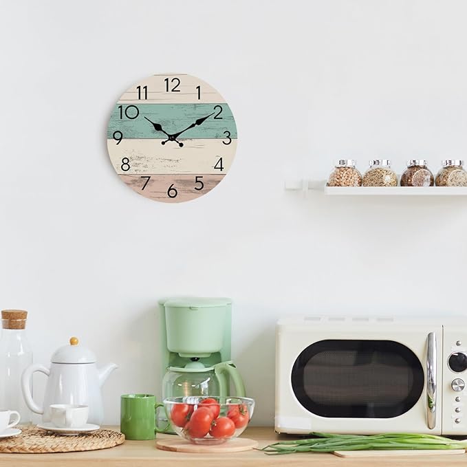 Wall Clock Silent Non-Ticking Wooden Clocks Battery Operated 8 Inch Small Country Retro Rustic and Beach Style Decorative for Kitchen, Home, Bathroom, Bedroom (Green)