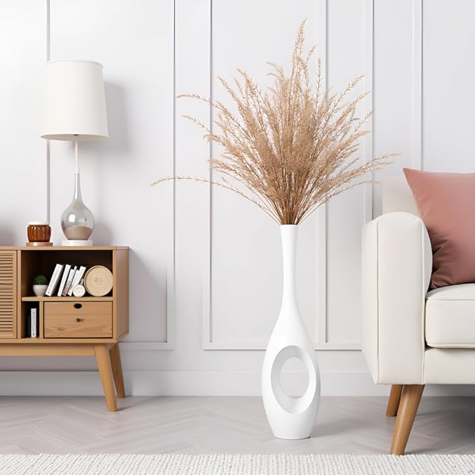 23.6" White Tall Floor Vase – Donut-Shaped Oval Body with Slim 3cm Neck, Modern Tall Decorative Vases for Living Room, Entryway, Office Decor – Resin Floor Vase