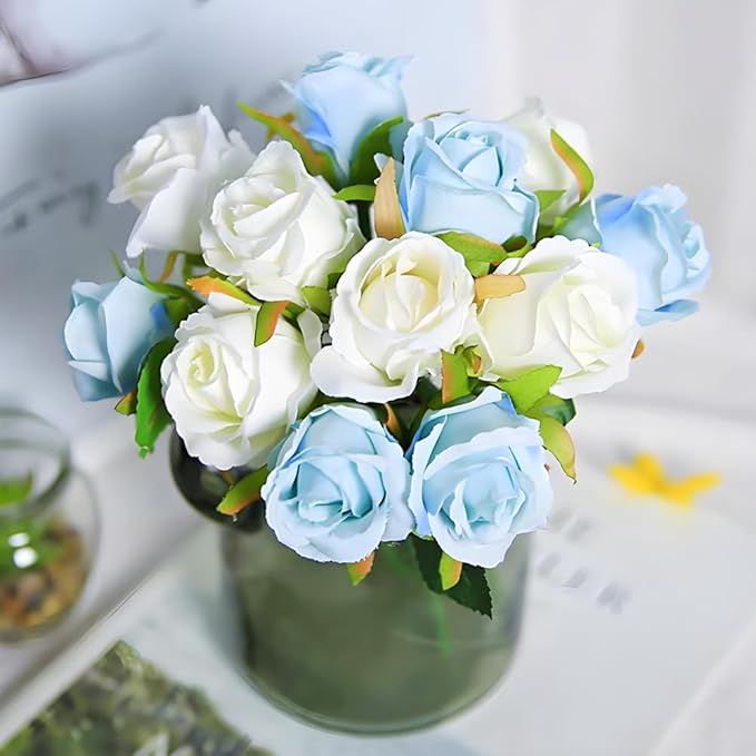 Jasion Artificial Roses Flowers 12 Heads Arrangement Silk Bouquet for Home Office Parties Bridal and Wedding Decoration (Blue and White)