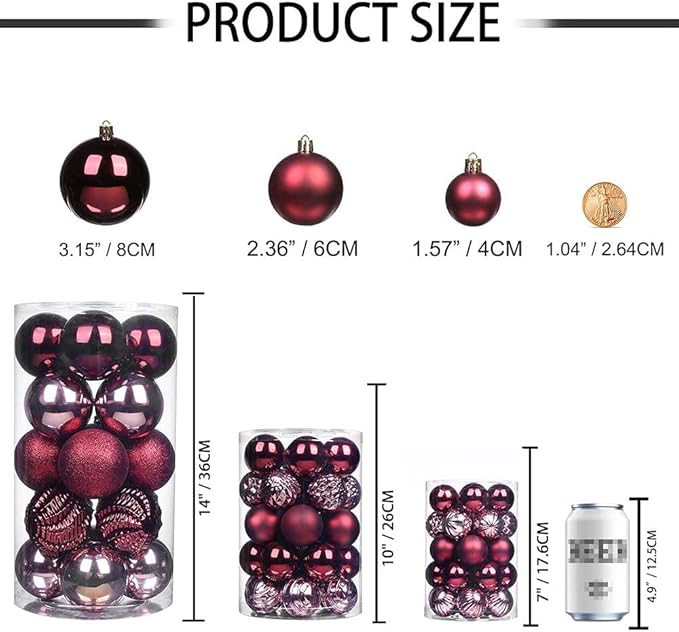 XmasExp 24ct Christmas Ball Ornaments Shatterproof Christmas Ornaments Set Decorations for Xmas Tree Balls(1.57''/40mm, Burgundy)