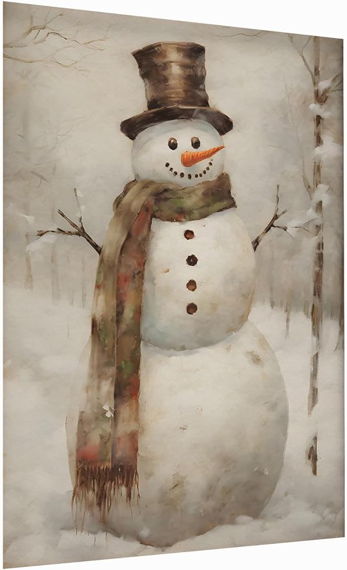 Christmas Snowman Wall Art - Rustic Still Life Painting, Vintage Art Print, Holiday Poster for Living Room Bedroom Decor - 16x24 Inch Unframed