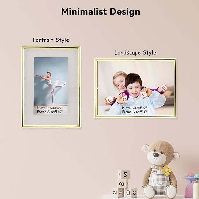 Wall Floating Frame, 5"×7", Gold, Wall Mounting or Wall Leaning, For Photo 5x7, 4x6, 3.5x5, Classy For Festival, Anniversary, Wedding, Home or Office Décor