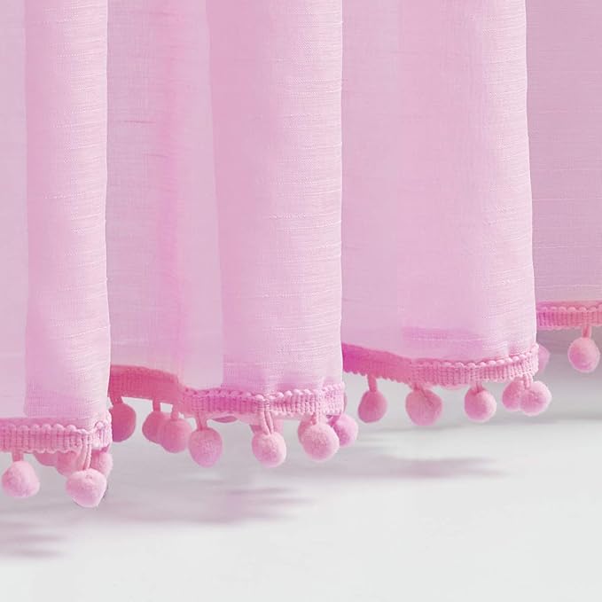 Treatmentex Sheer Curtains for Bedroom Nursery Room Pink 72 inches Long Linen Texture Slub Pom Pom Voile for Windows 52" W x 2 Panels Rod Pocket