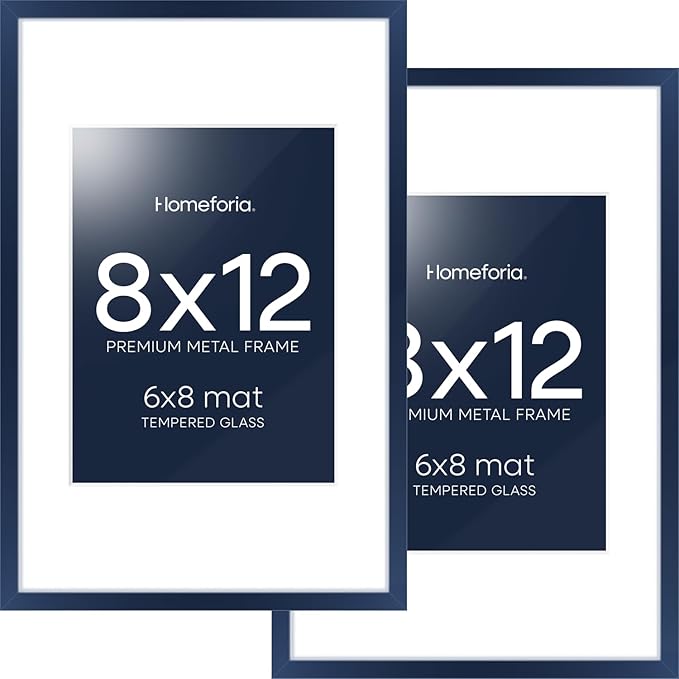 Homeforia 8x12 Picture Frame Navy Blue, High End Metal 8 x 12 Poster Frames with Mat 6 by 8 Photo, 12x8 Frame Matted to 6x8 inch Print, 8by12 Wall or Tabletop Frame, Tempered Glass, Wall Kit, Set of 2
