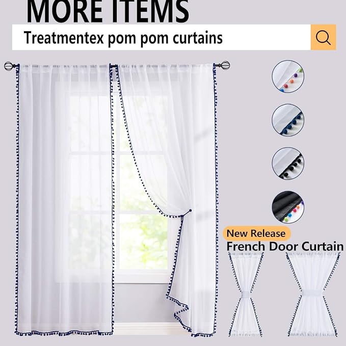 Treatmentex Pom-Pom Sheer Curtains for Girl's Bedroom 84 inches Long Voile Curtain Panels Rod Pocket Lilac 52" w x 2pc