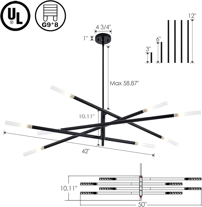 Modern Sputnik Chandelier for Dining Room, Mid Century Black Pendant Lighting, Industrial 8-Light Vintage Hanging Light Fixture for Entryway Bedroom Kitchen Island Hallway Foyer