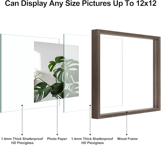 Egofine 12x12 Floating Frames Set of 2, Double Plexiglass Picture Frame, Made of Solid Wood Display Any Size Photo up to 12x12, Wall Mount or Tabletop Standing,Brown