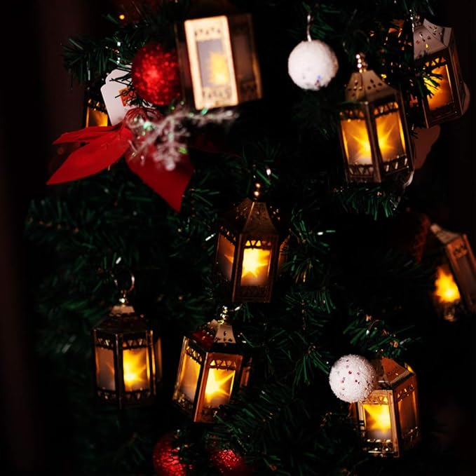 Mini Star Lantern with Flickering LED,Battery Included,Decorative Hanging Light,Christmas Decoration,Indoor Candle Lamp,Battery Lantern Indoor Use,Zkee(Set of 6 Copper Brushed)