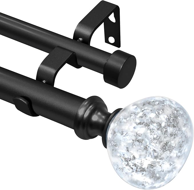 Matte Black Double Curtain Rod for Windows 28 to 48 Inch: Double Window Treatment Curtain Rod Heavy Duty Adjustable from28 to 48 Inch - Silver Foil Resin Finials and Double Curtain Rod