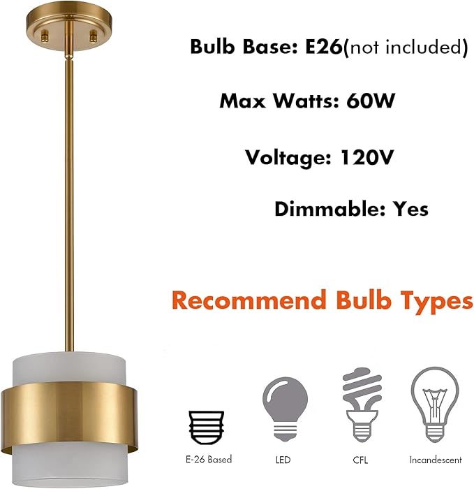 CLAXY Modern Gold Pendant Lights mini Pendant Light for Kitchen Island Dining Room Bar Restaurant with Frosted Glass Shade Rod Hanging Light Fixture