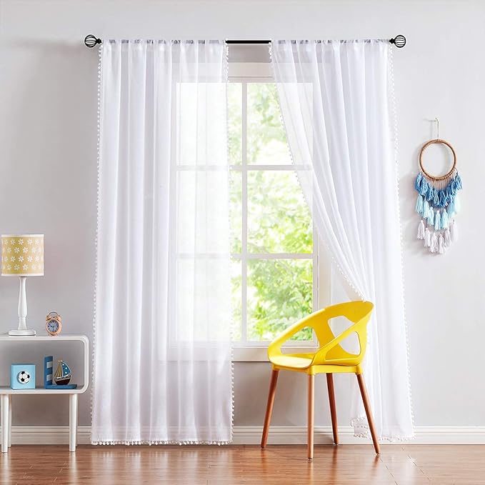 Treatmentex Pompom Sheer White Curtains for Living Room Kid's Room 72" Window Voile Drapes Slub Linen Texture Bedroom Curtains 2 Pack Rod Pocket