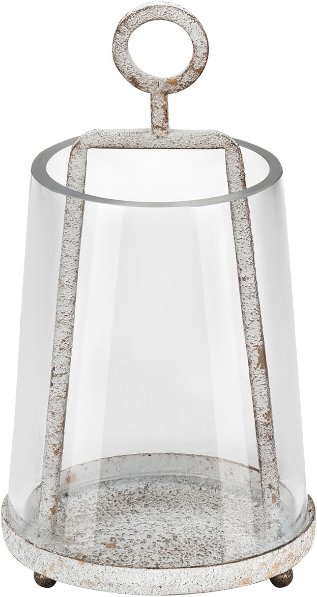 4" Wide Modern Farmhouse Metal Hurricane Candle Holder with Handmade Sturdy Glass Sleeve in Vintage White for 2" Pillar Candle & Plants, Glass Hurricane Lantern, Industrial, Minimalistic