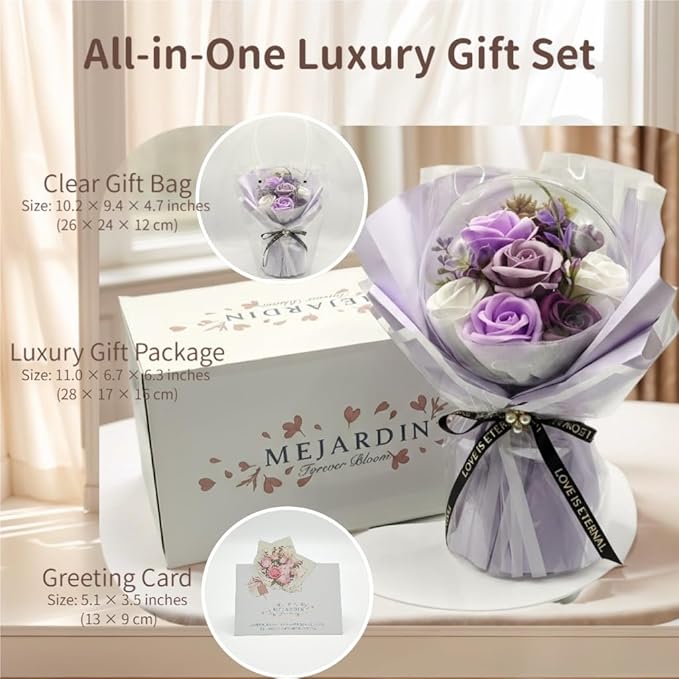 Soap Flowers Bouquet, Artificial Flowers in Gift Box with Gift Bag & Greeting Card, Balloon-Style Acrylic Design, Freestanding Display for Mother’s Day Birthday Anniversary, Purple