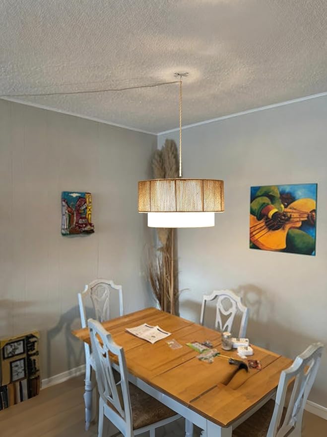 Plug in Pendant Light, 18" Rattan Plug in Chandelier with Fabric Shade, E26 On/Off Switch, Plug in Hanging Pendant Light for Dining Room Living Room Kitchen Foyer