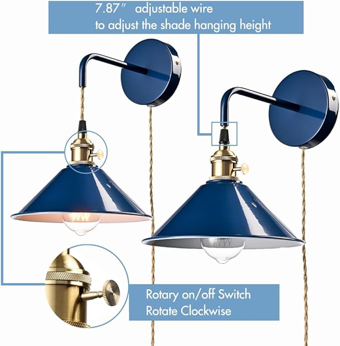 Plug-in Macaron Wall Sconce, Hanging Height-Adjustable Wall Lamp Set of Two, Hardwire Optional, Blue Industrial Wall Light Fixture for Home Office