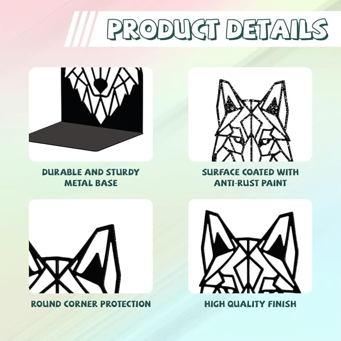 Peacoblue Metal Bookends for Shelves, Modern Decorative Heavy Duty Study Book Support Stoppers for Office, Desk, Shelf, Room 5.3"x4.3"x7.5" Cast Iron Simple Tall Bookends, 1 Pair (Geometric Wolf Head)
