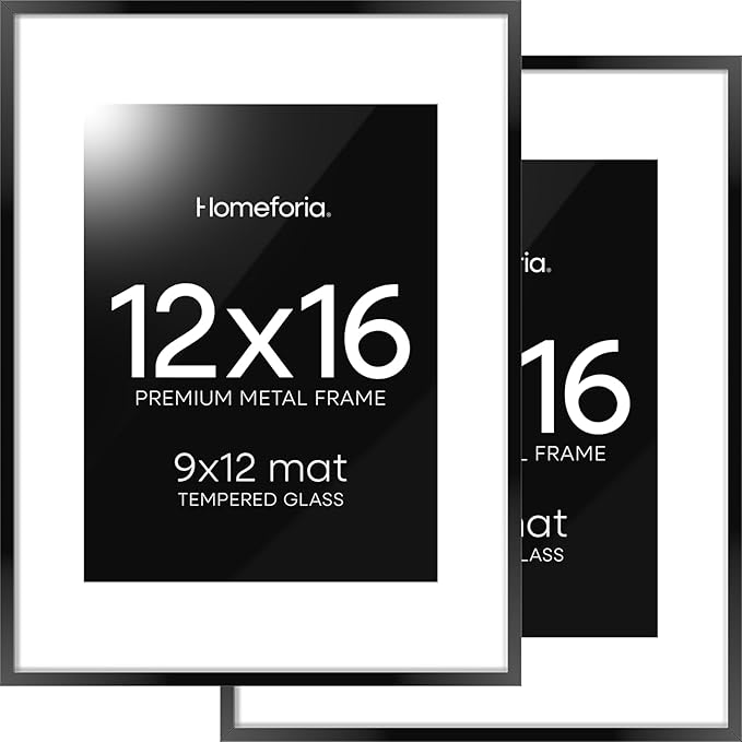Homeforia 12x16 Picture Frame Black, High End Metal 12x16 Poster Frames with Mat 9x12 for Photo, 12 x 16 Black Frame Matted to 9 by 12 inch Print, 16x12 Thin Frames, Tempered Glass, Wall Kit, Set of 2