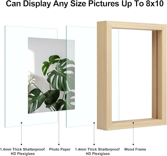 Egofine 8x10 Floating Frames Set of 2, Double Plexiglass Picture Frame, Made of Solid Wood Display Any Size Photo up to 8x10, Wall Mount or Tabletop Standing, Natural Wood