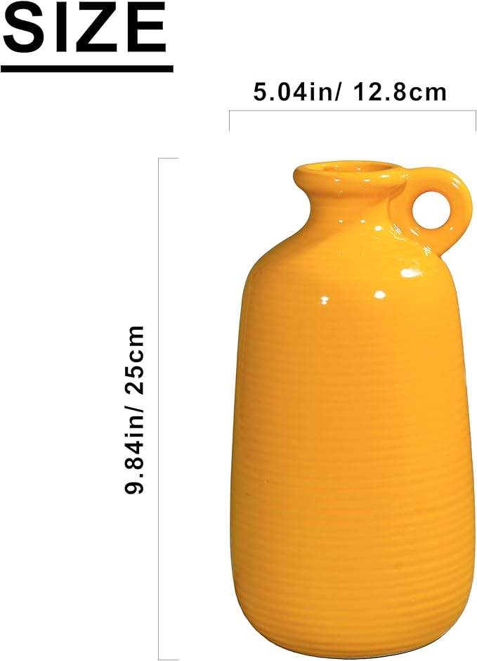 Sunddo Yellow Ceramic Vase for Home Decor -10 inch Modern Handled Decorative Vases for Flowers, Living Room, Kitchen, Shelf, Entryway and Centerpiece Table Decorations