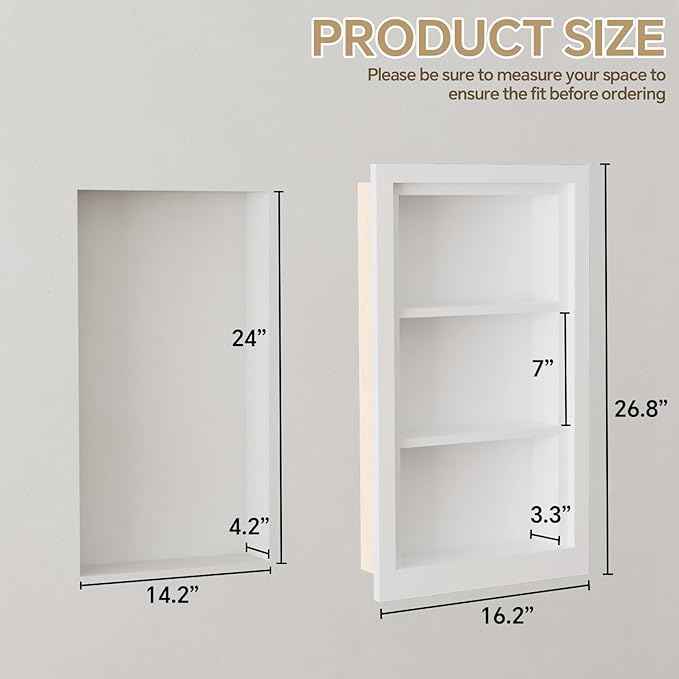 Solid Wood 14 X 24 Recessed Medicine Cabinet,3-Tier, Medicine Cabinet Organizer,Wall Niche, Bathroom Wall Cabinet, Recessed Bathroom Cabinet,recessed Wall Cabinet, Bathroom Cabinet With Storage, White