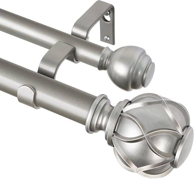 KAMANINA 1 Inch Double Curtain Rods 66 to 120 Inches (5.5-10 Feet) Telescoping Heavy Duty Drapery Rod for Windows 54 to 115, Netted Texture Finials, Antique Silver