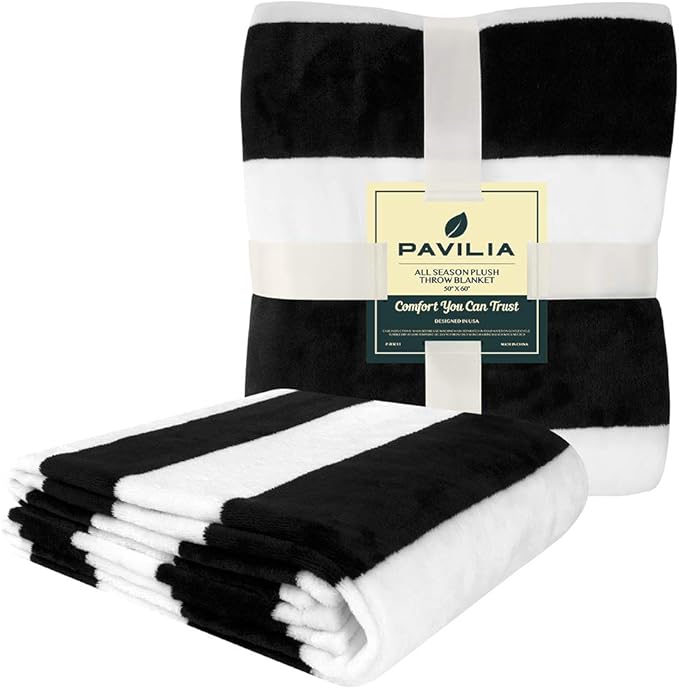 PAVILIA Striped Throw Blanket for Sofa Couch | Soft Flannel Fleece Stripe Black and White Decorative Throw | Warm Cozy Lightweight Microfiber | 50 x 60 Inches