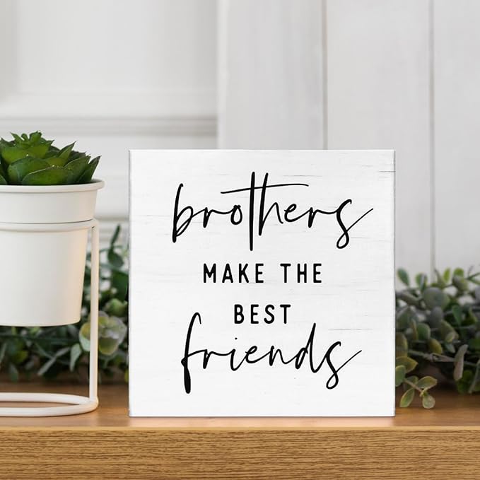 JXREQ Kids Boy Nursery Wall Desk Decor Wood Box Sign, Brothers Make The Best Friends Signs, Boys Bedroom Bathroom Playroom Toddler Classroom Decor, 5x5 Inch
