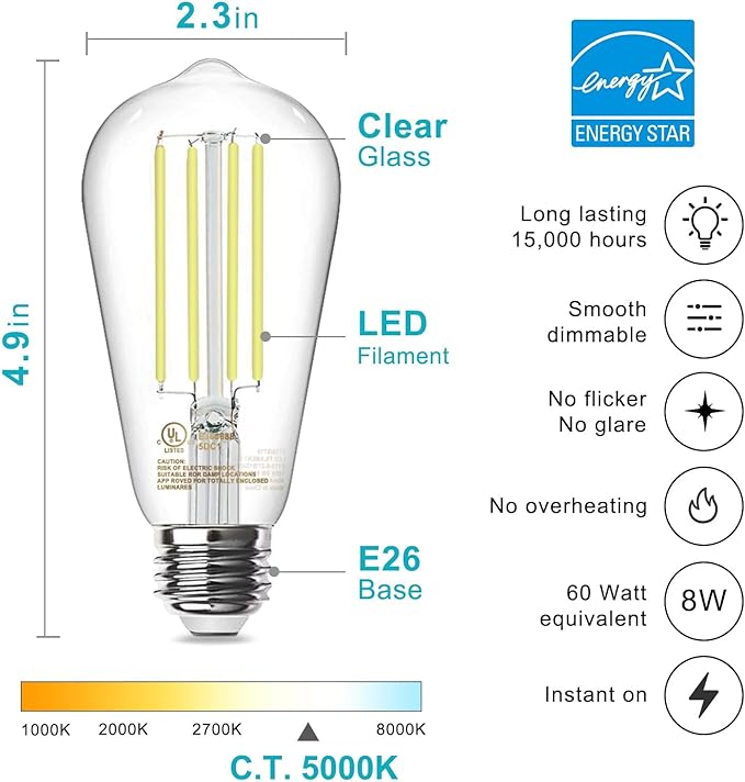 TJOY 12 Pack Vintage Edison LED Light Bulbs, Dimmable, 60W Equivalent, E26 Medium Base, 5000K Daylight, ST58, 8W, 800LM, Ultra-Bright, 80+CRI, Antique Decorative Filament, Clear Glass