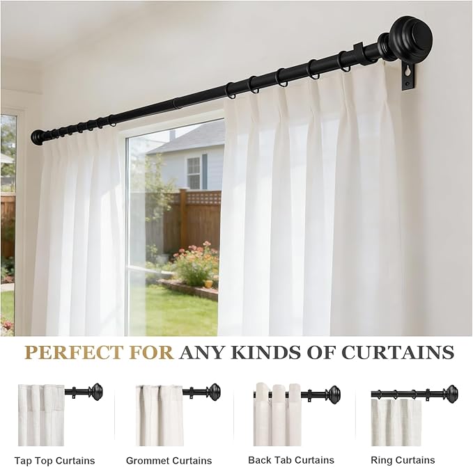 1 Inch Black Curtain Rods for windows,Heavy Duty Curtain Rods for Windows 48 to 84 Inch,Standard Decorative Window Curtain Rod Set with Brackets for bathroom Kitchen Bedroom Window
