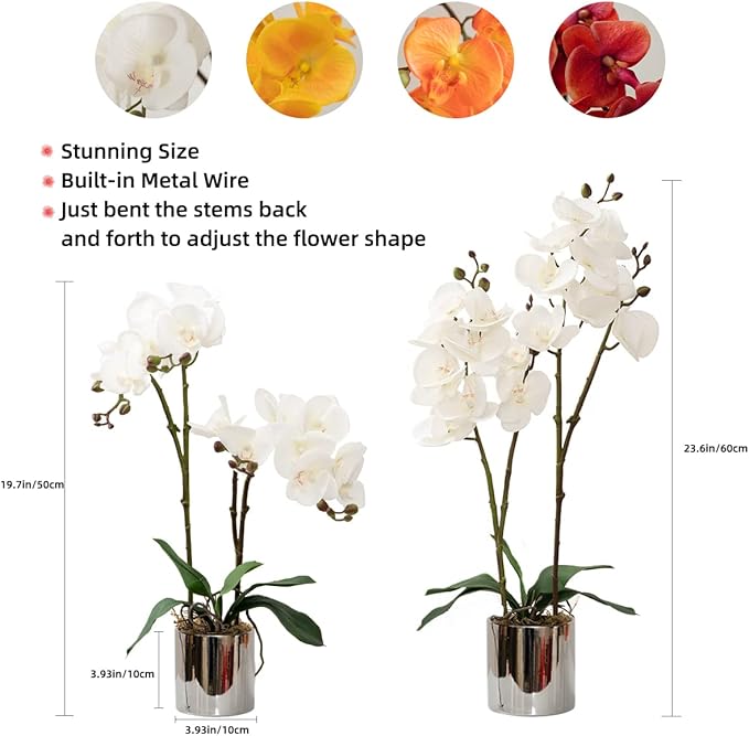 CXGS Artificial Orchid Flower Plant Real Touch Faux Orchids in Ceramic Vase White 19.7'' Fake Phalaenopsis Flower Arrangement Centerpiece Home Indoor Decor