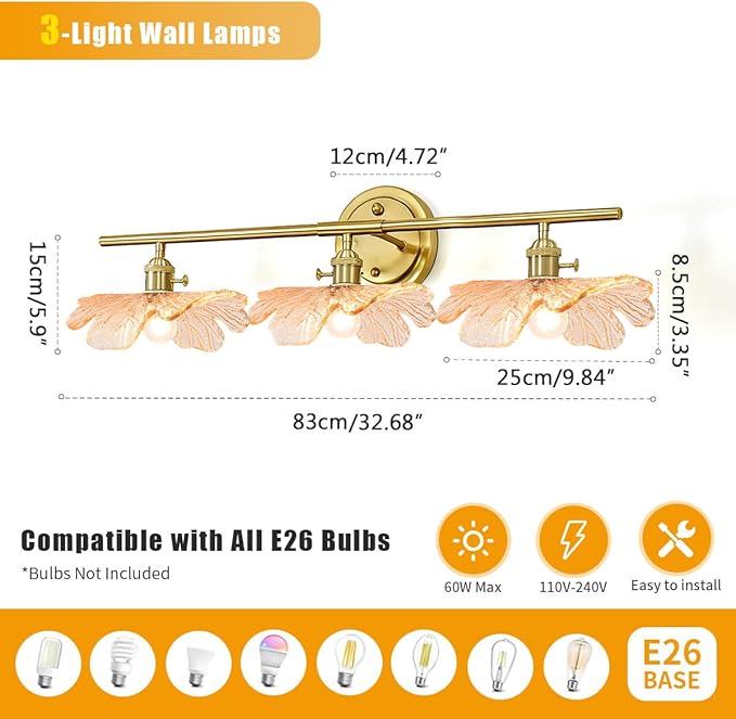 mid Century Bathroom Vanity Lights Over Mirror 3 Light Gold Wall sconce with Amber Glass Shade brass Vanity Lighting Vintage Wall sconces Glass wall lamp Wall Lighting for Bedroom Doorway Hallway