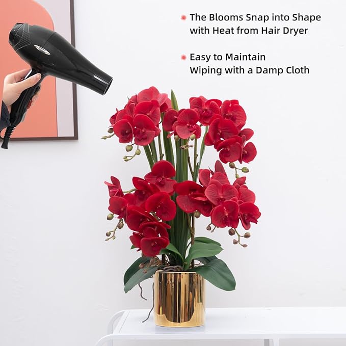 CXGS Artificial Orchid Flower Plants Real Touch Faux Orchids in Ceramic Vase 20.9'' Red Phalaenopsis Orchid Fake Flower Arrangement Home Indoor Decor